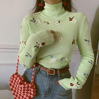 Long-sleeve Floral Embroidery Turtleneck Knit Top