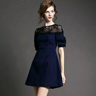 Lace Panel A-line Denim Dress