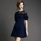Lace Panel A-line Denim Dress