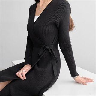 Ribbed Knit Midi Surplice-wrap Dress