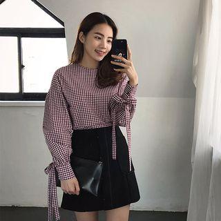 Tie-sleeve Button-back Gingham Top