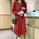 Long-sleeve Polka Dot Frill Trim A-line Dress