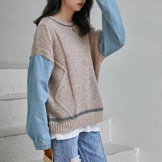 Denim Panel Sweater Light Pink - One Size