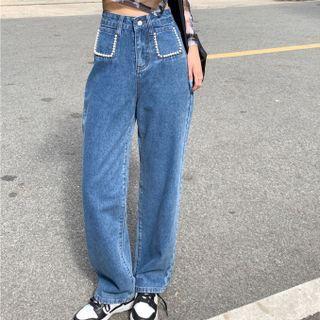 High-waist Beaded Wide-leg Jeans