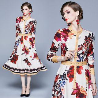 3/4-sleeve Floral-print Paneled Midi A-line Dress