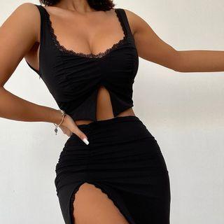 Lace Trim Crop Tank Top / Slit Mini Pencil Skirt