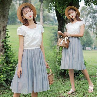 Short-sleeve Perforated Mesh Paneled A-line Dress