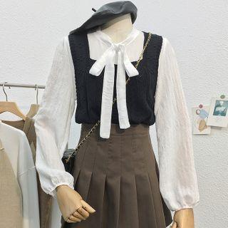 Set: Ribbon Blouse + Square-neck Sweater Vest