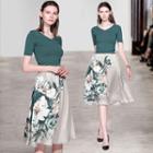 Set: Short-sleeve Knit Top + Flower Print A-line Midi Skirt