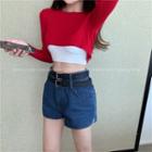 Plain Long-sleeve Knit Crop Top / Denim Shorts / Belts