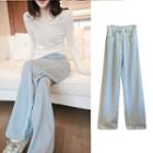Long-sleeve V-neck T-shirt / Wide Leg Jeans / Set