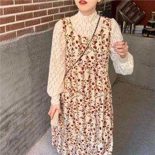 Sleeveless Floral Print Midi A-line Dress Red - One Size