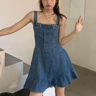 Sleeveless Ruffled Denim A-line Dress