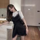 Mock Two Piece Short-sleeve Lace Trim Dress As Shown In Figure - One Size