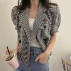 Puff-sleeve Double-breasted Gingham Check Blouse
