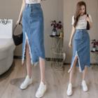 Frayed A-line Denim Midi Skirt