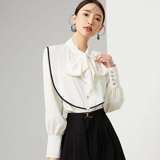 Long Sleeve Contrast Trim Lace-up Blouse