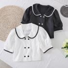 Peter Pan Collar Color Block Puff-sleeve Top