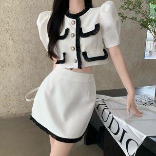 Set: Contrast Trim Cropped Jacket + Mini A-line Skirt