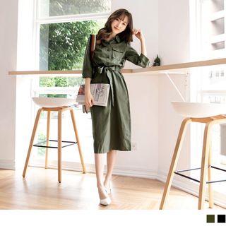 Slit-front 3/4 Sleeve Shirtdress