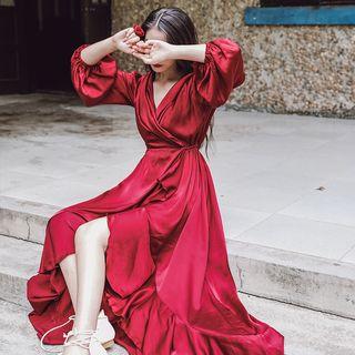 Long-sleeve Open-back Dip-back Maxi A-line Dress Wine Red - One Size
