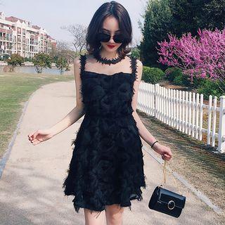 Sleeveless Sheer Panel Fringed Mini Dress