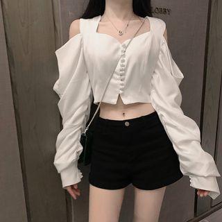 Square-neck Cold Shoulder Lantern-sleeve Cropped Top