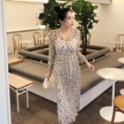 Frill-trim Floral Print Dress Beige - One Size