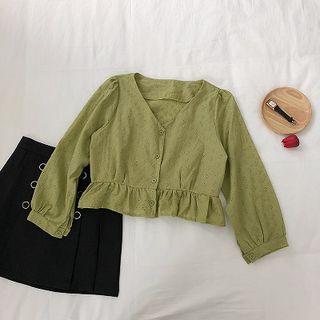 V-neck Eyelet Lace Single-breasted Ruffled-trim Long-sleeve Blouse