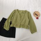 V-neck Eyelet Lace Single-breasted Ruffled-trim Long-sleeve Blouse