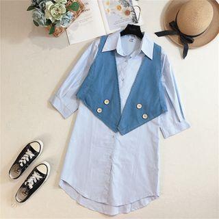 Set: Plain Elbow-sleeve Shirt + Vest