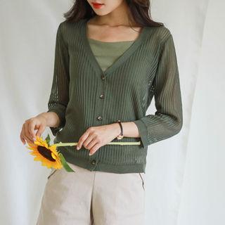 3/4-sleeve Rib-knit Cardigan