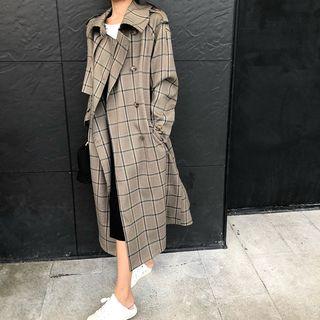 Plaid Double-breasted Trench Coat As Shown In Figure - One Size