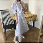 Puff Sleeve Floral Print Maxi A-line Dress Blue - One Size