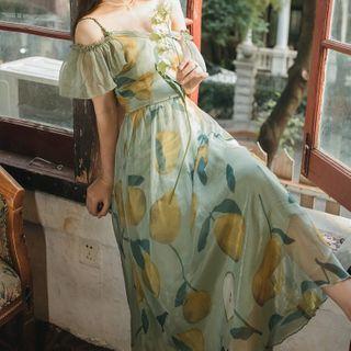 Short-sleeve Cold Shoulder Fruit Print A-line Midi Dress