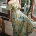 Short-sleeve Cold Shoulder Fruit Print A-line Midi Dress
