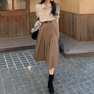 Plain Shirt / Pleated Midi A-line Skirt / Set