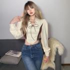 Long-sleeve Lace-up Two-tone Crop Top