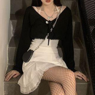 Set: Lace Trim Cropped Camisole Top + Long-sleeve Cropped T-shirt + Mini A-line Skirt