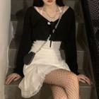 Set: Lace Trim Cropped Camisole Top + Long-sleeve Cropped T-shirt + Mini A-line Skirt