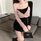 Long-sleeve Two-tone Drawstring Mini Sheath Dress Light Khaki & Black - One Size