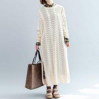 Long-sleeve Pointelle Knit Midi Dress