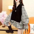 Bell-sleeve Mock Two-piece Plaid Panel Knit Top