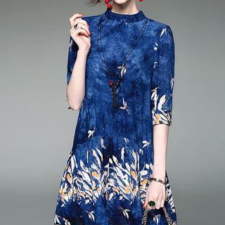 Stand-collar Print Elbow-sleeve Dress