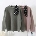 Long-sleeve Plain Sweater With Polka Dot Ribbon