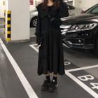 Long-sleeve Plain Midi Dress Black - One Size