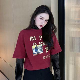 Mock Two-piece Long-sleeve Striped Lettering T-shirt
