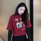Mock Two-piece Long-sleeve Striped Lettering T-shirt