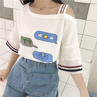 Printed Pleated Trim Off Shoulder Elbow Sleeve T-shirt