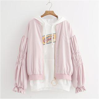Ruched Sleeve Plain Zipped Jacket